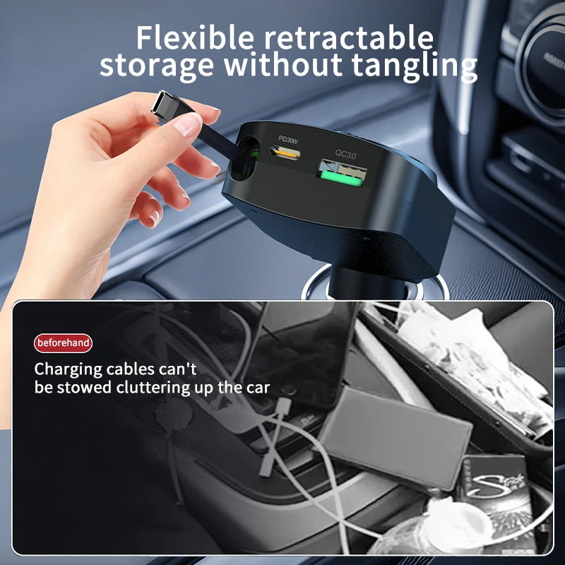 Cargador de Auto Retráctil 60W con Cable Tipo C PD30W y QC3.0 USB
