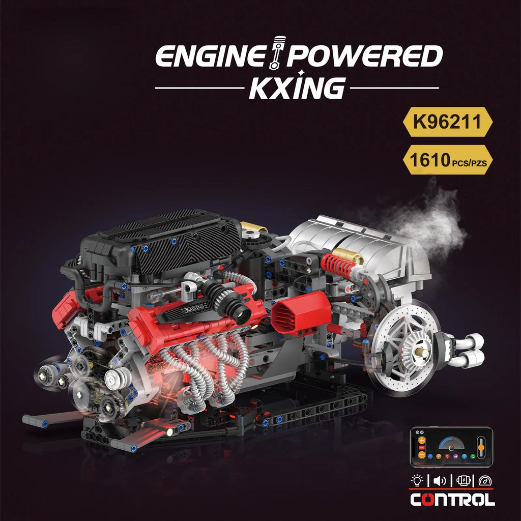 Juego de modelos de ensamblaje de bloques de construcción de motor V12 de 1610 Uds.-Kit MOC programable con control remoto por aplicación con luces y pulverización