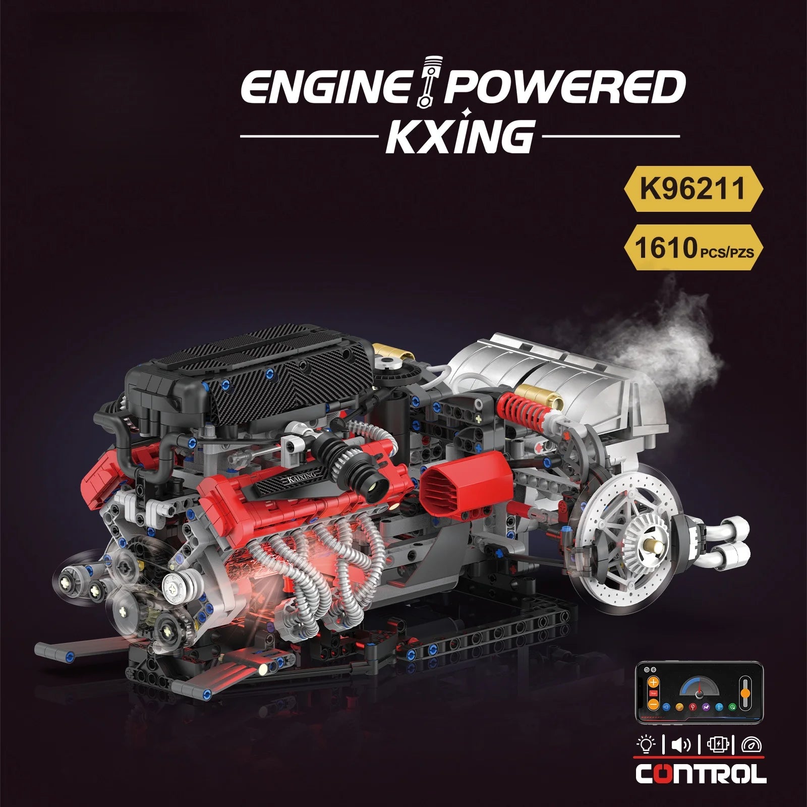Juego de modelos de ensamblaje de bloques de construcción de motor V12 de 1610 Uds.-Kit MOC programable con control remoto por aplicación con luces y pulverización