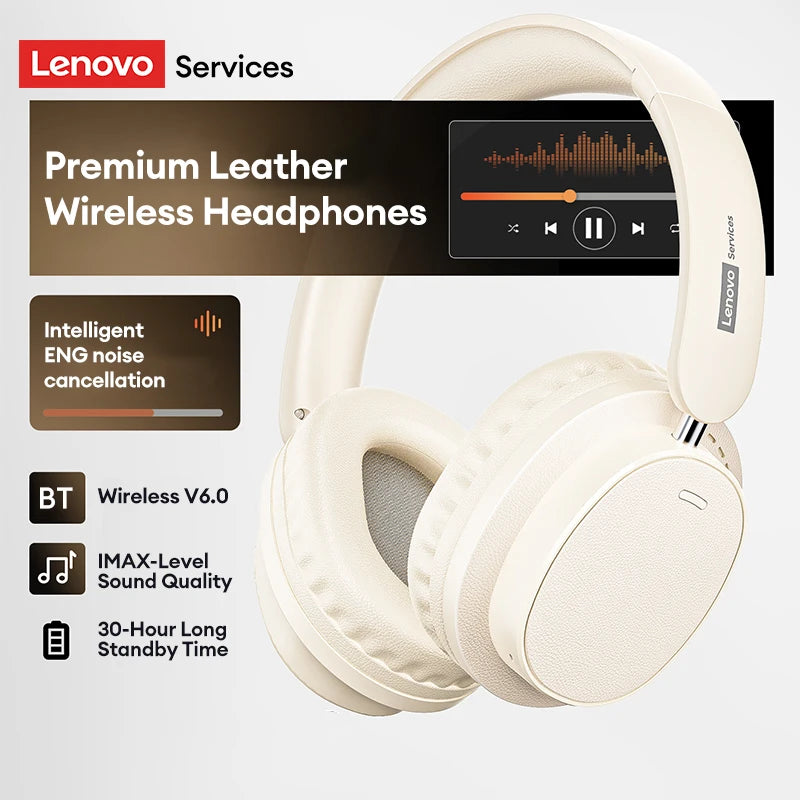 Auriculares Retro TH30 Pro Lenovo para Juegos, Inalámbricos, Bluetooth 6.0, Sobre la Oreja, Plegables, Deportivos, de Cuero, Regalos LS105