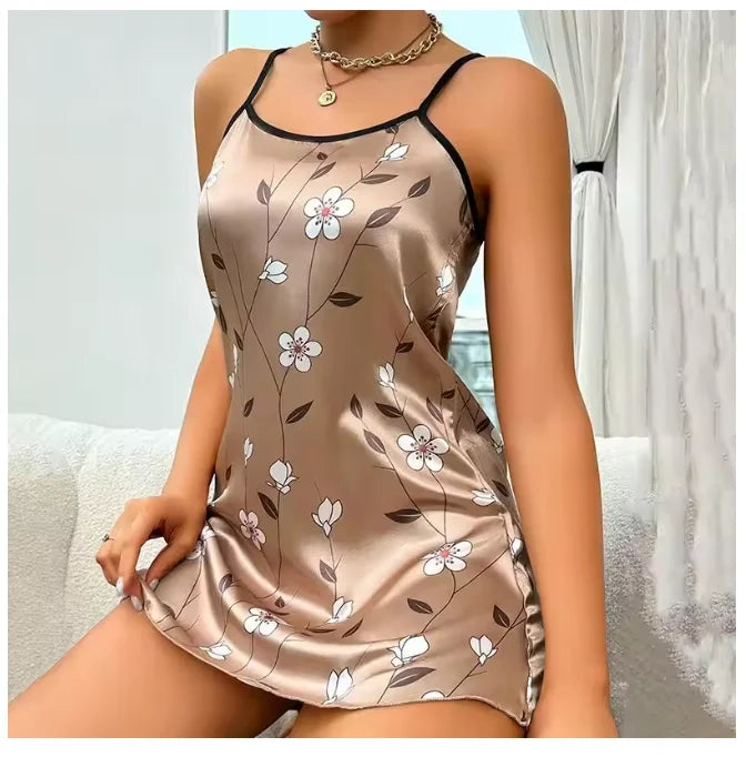 Ropa de dormir para mujer, camisón de satén con estampado Floral de verano, vestido de noche informal sin mangas con espalda descubierta, camisón Sexy, ropa para el hogar