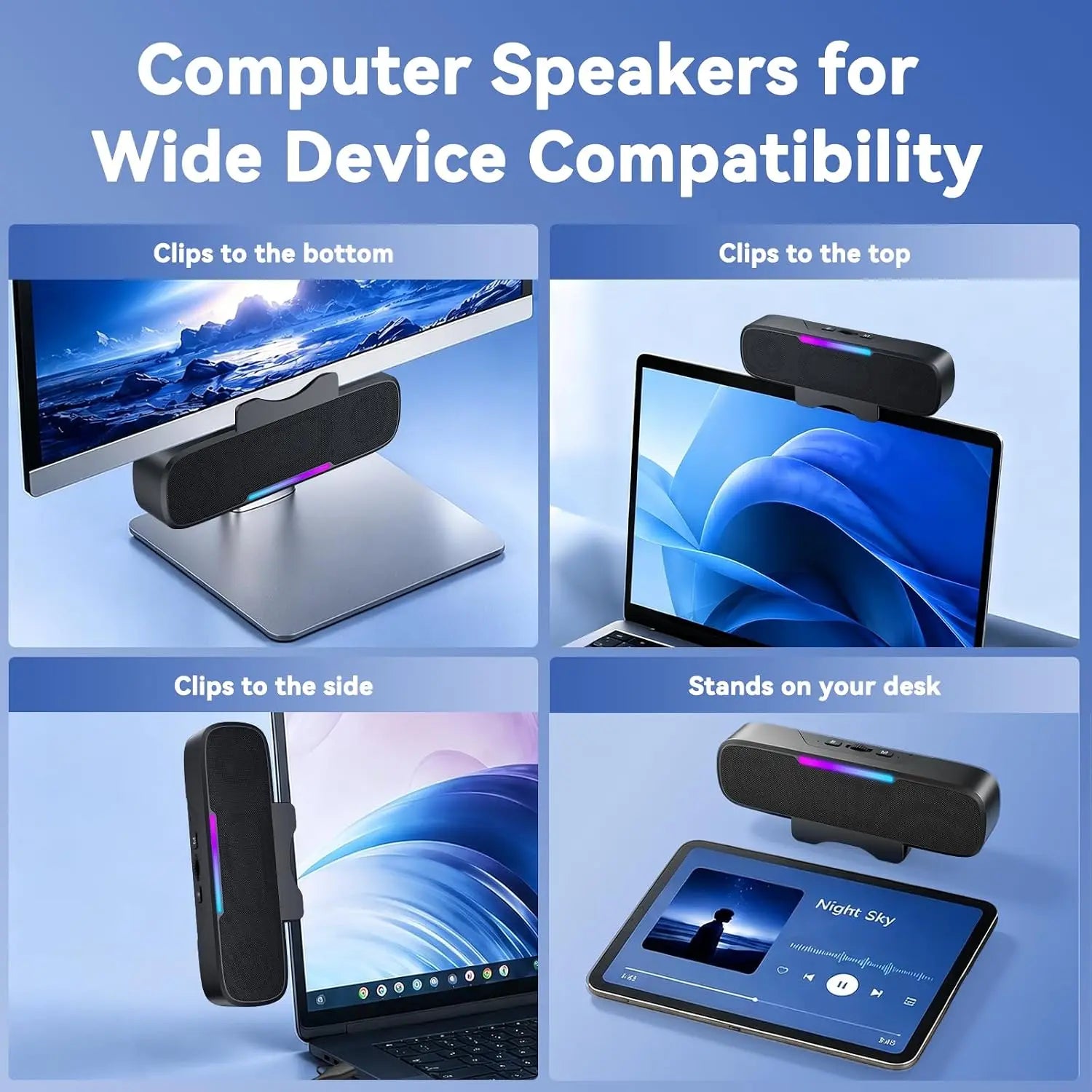 Barra de Sonido USB y Bluetooth para PC, Alimentada por USB con Altavoz y Bluetooth para Conexión a Teléfonos Inteligentes, Se Fija a Monitores