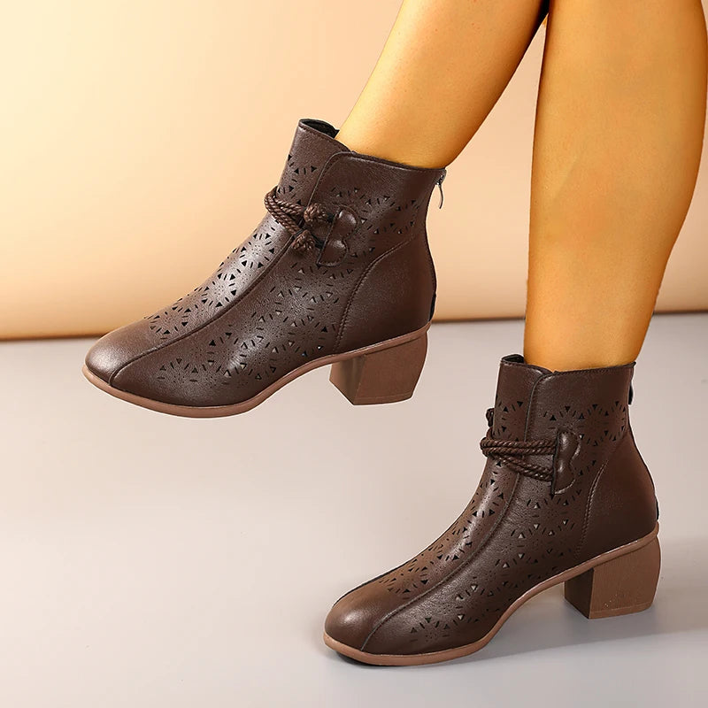 NOVEDAD DE VERANO 2025, botines de tacón medio con suela suave y agujeros a la moda para mujer, zapatos cómodos transpirables Retro