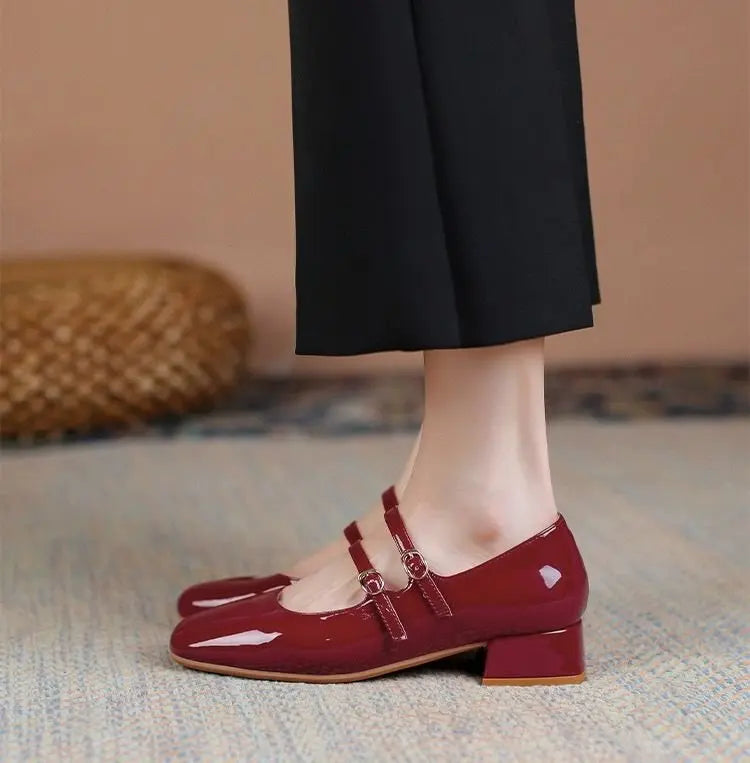 Zapatos Mary Jane Tacón Bajo Mujer Vintage Burdeos