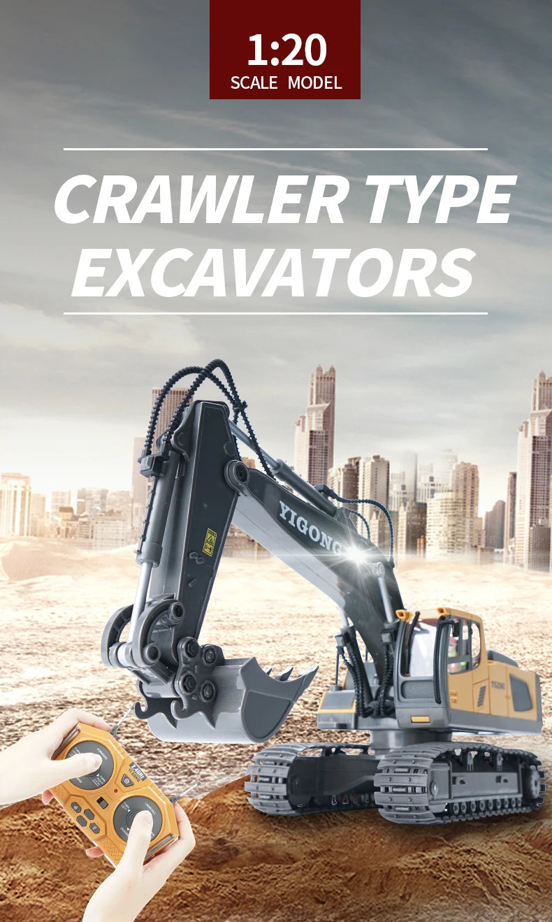 Excavadora RC 1:20 con Volcador y Bulldozer, Luz y Música