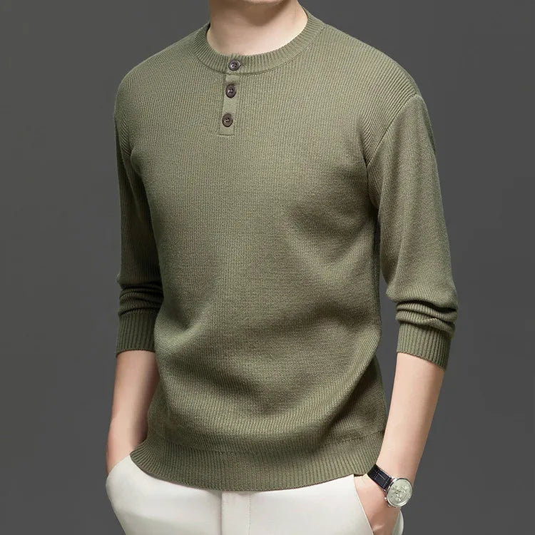 Suéter de punto Henley de peso pesado de 500 g para hombre - Beige (caqui/negro/gris/verde) Otoño Invierno esencial    Toque suave