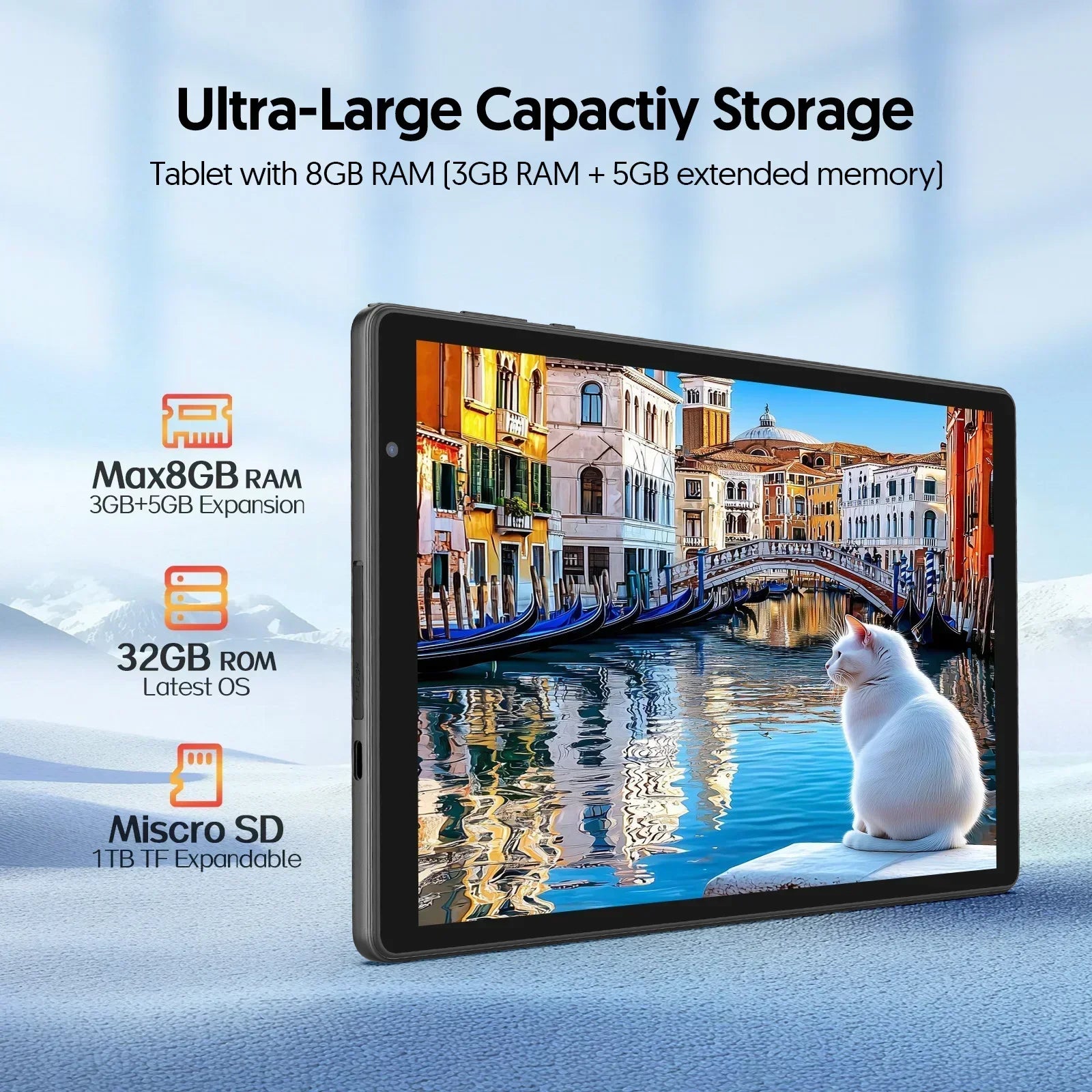 Tableta BAKEN de 10 Pulgadas |   Sistema Operativo Android 16 |   Procesador de Cinco Núcleos |   8GB de RAM (3GB + 5GB) + 32GB de ROM |   WiFi 6 |   Cámaras Duales |   6000 MAh