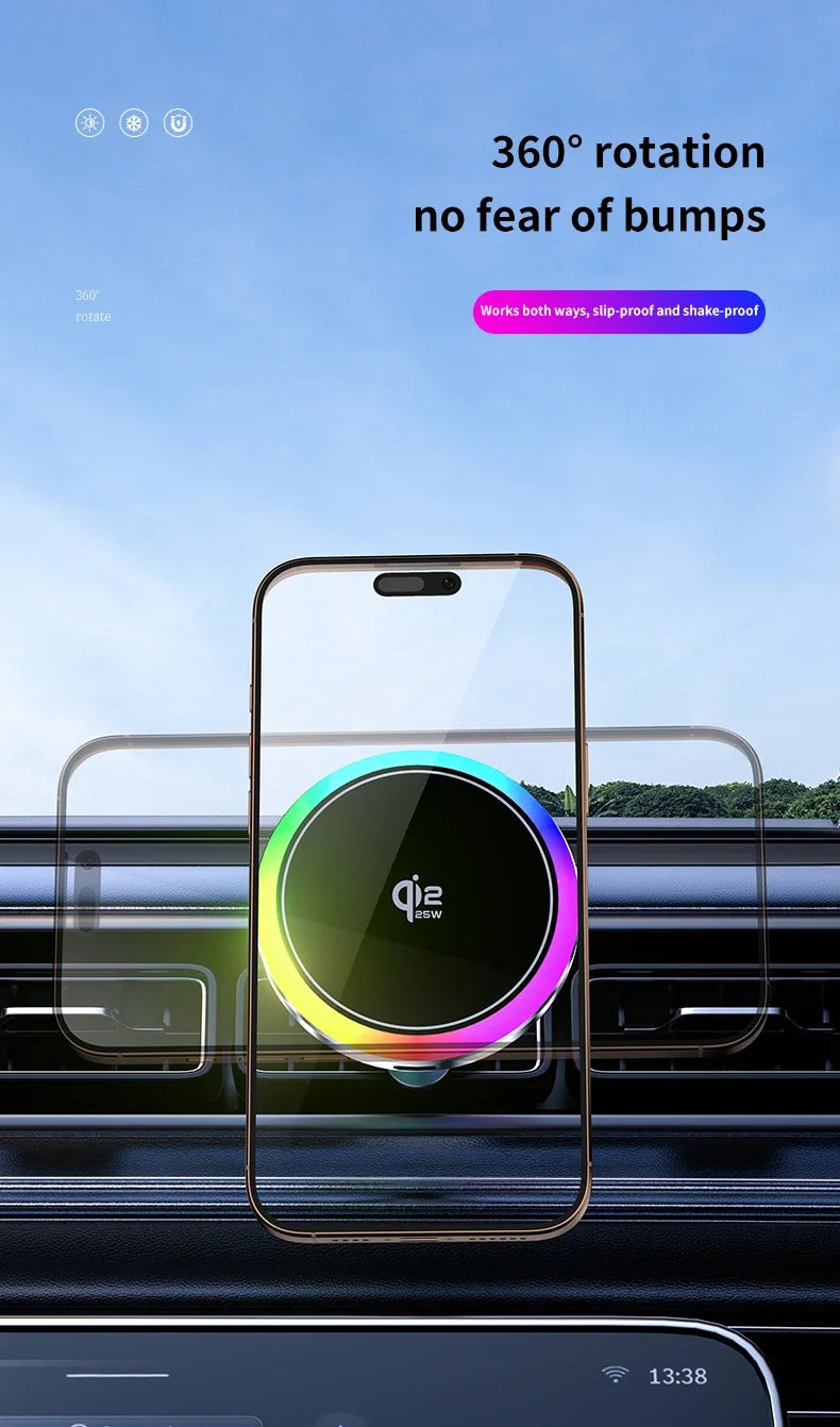 Cargador Inalámbrico Magnético Qi2.2 de 25W para Coche con Refrigeración por Aire, Estación de Carga Rápida, Soporte para Teléfono con Ventilación para iPhone 17-12 Pro Max
