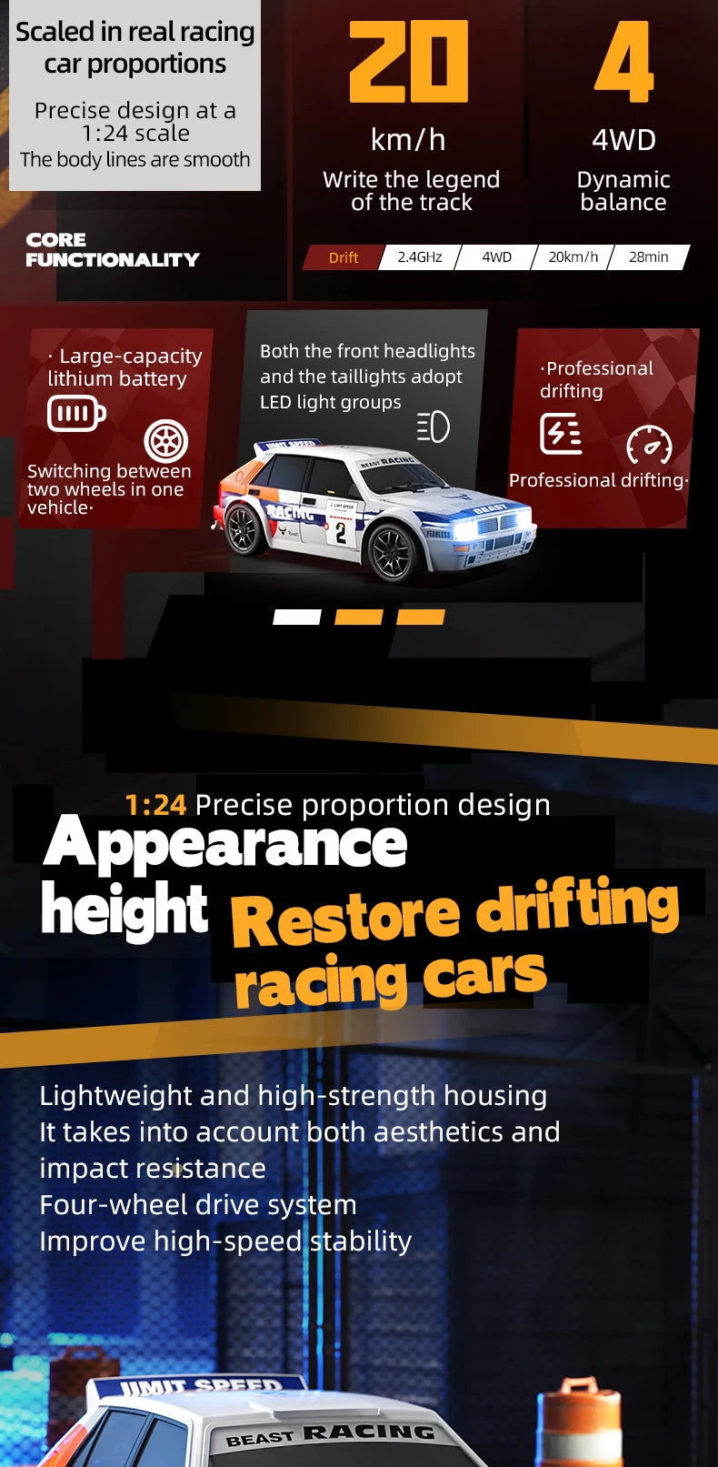 2025 4WD RC Car escala 1:24 tracción en las cuatro ruedas Drift con dos configuraciones de velocidad 20 km/h luz LED juguetes para niños recargable SG204PRO