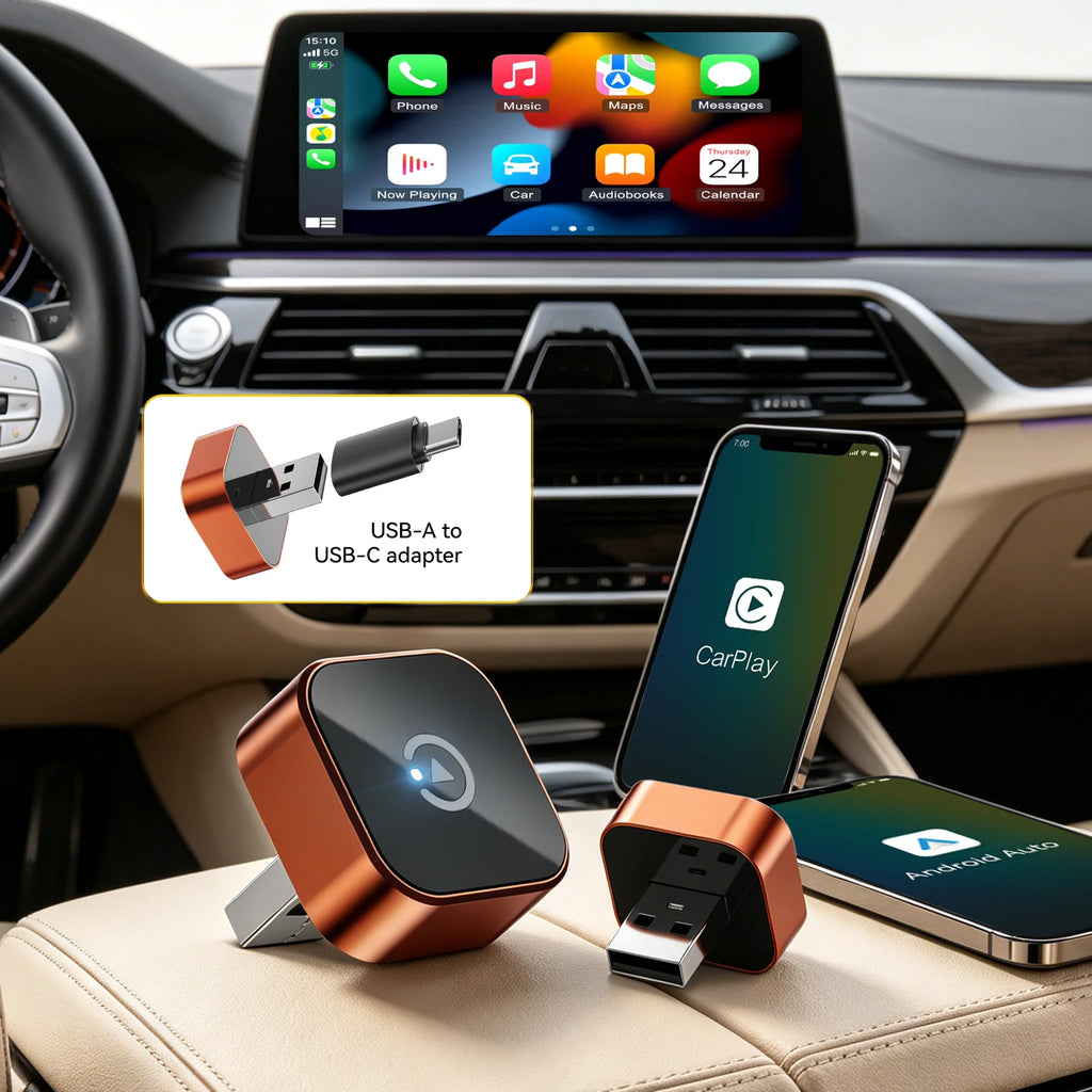 Adaptador Inalámbrico CarPlay 2026 (Tipo C) CarPlay y Android Auto, Puerto Tipo C, Convierte de Cableado a Inalámbrico, Plug & Play, Auto-C