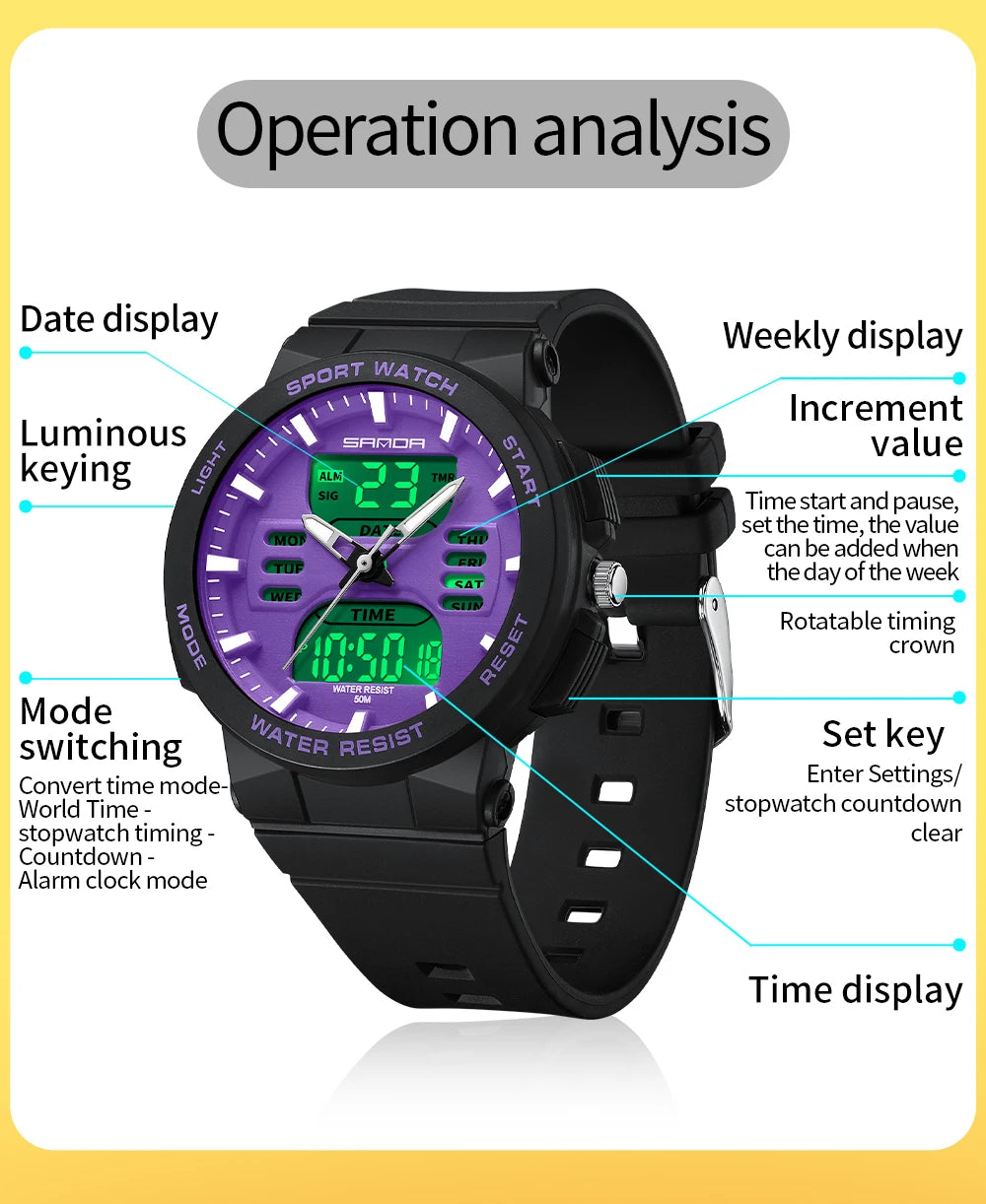 Reloj Digital LED SANDA 6185 para Mujer Pantalla Dual Resistente al Agua