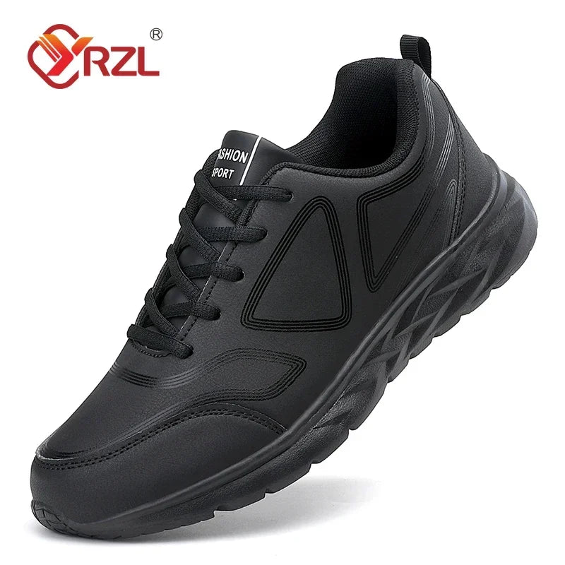 YRZL-Zapatillas deportivas impermeables de cuero para hombre, zapatos deportivos cómodos para caminar, resistentes al desgaste, color negro