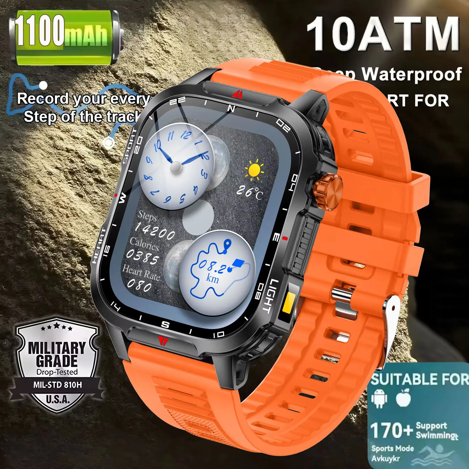 Reloj inteligente de gran tamaño para hombre, iluminación militar para exteriores, batería de 1100Mah, rastreador de Fitness GPS, reloj inteligente de ritmo cardíaco resistente al agua y 10ATM