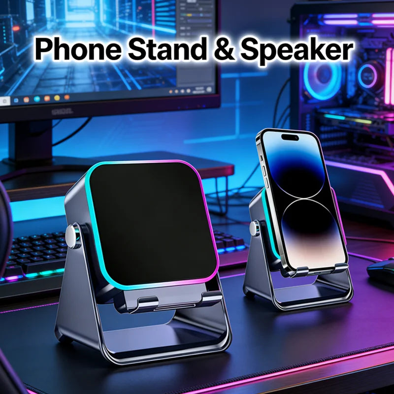 Soporte portátil para teléfono con Bluetooth 5 en 1, altavoz inalámbrico de inducción automática, soporte para teléfono con luz RGB de 8 modos, sonido envolvente