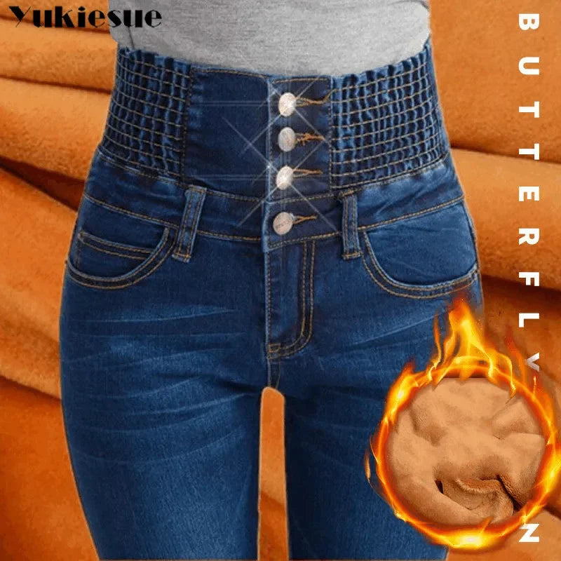 Pantalones Vaqueros Cálidos de Lana para Mujer, Cintura Alta con Forro de Terciopelo