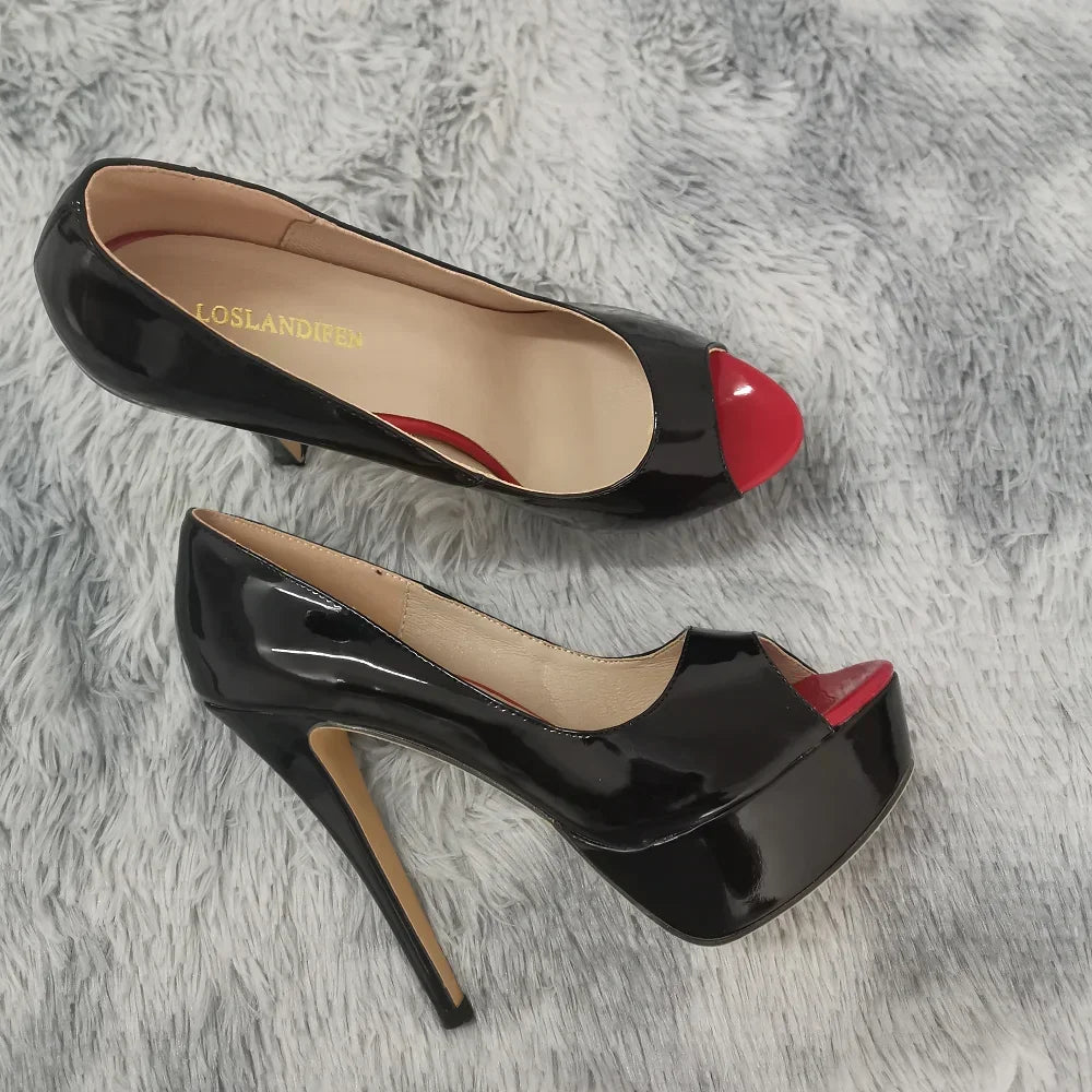 Zapatos de Tacón Aguja con Plataforma Peep Toe 14cm - Charol