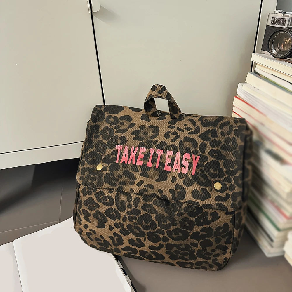 Mochila de Lona Estampado Leopardo Estilo Coreano 2025