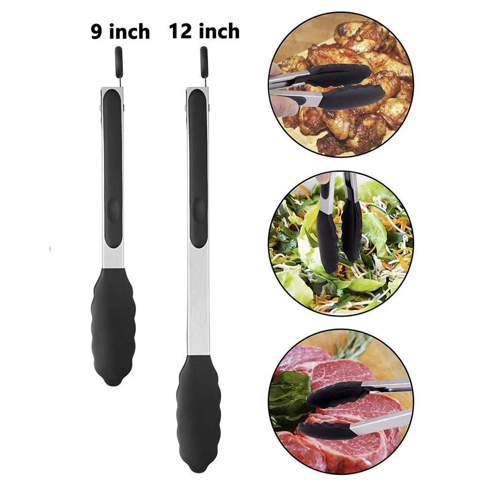 LMETJMA Pinzas de cocina premium Pinzas de cocina de silicona 9 12 pulgadas Sin BPA Antiadherente Barbacoa Cocinar Grilling Bloqueo Pinzas para alimentos KC0253