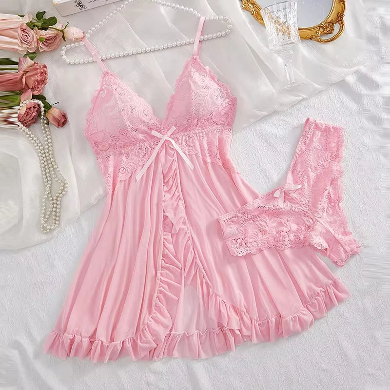 Conjunto de 2 Piezas de Camisón de Encaje para Mujer, Ropa de Dormir Elegante, Nuevo Pijama Verde Nocturno, Camisón Transparente con Abertura, Conjunto de Brasier y Panty con Cuello en V