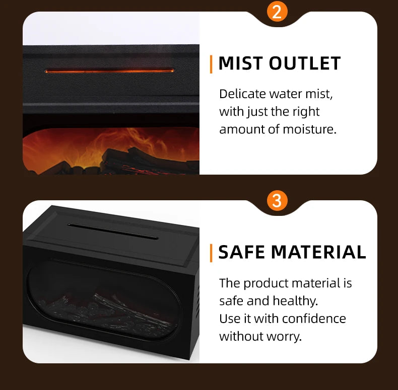 Difusor de aroma para chimenea con luz ambiental de llama, protección de apagado sin agua, salida de niebla fina y grande, humidificación silenciosa