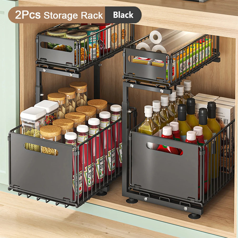 Organizador de gabinete extraíble de 2 niveles, estante de almacenamiento de cocina ajustable, organizador debajo del fregadero, estante de almacenamiento para tarros de especias, cajón deslizante