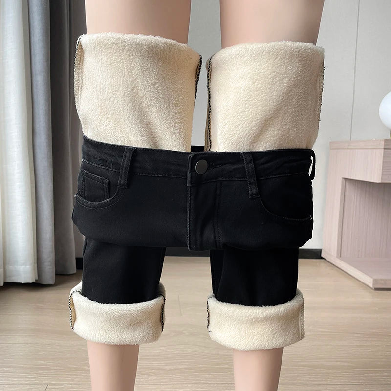 Pantalones Vaqueros Y2K con Forro Polar para Mujer, Cintura Alta, Pierna Recta