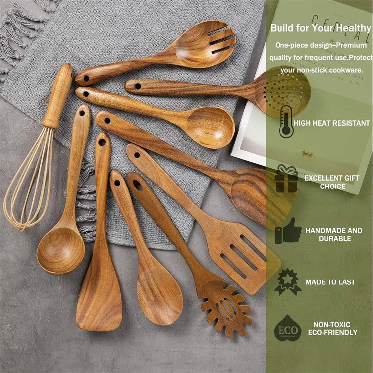 LMETJMA Paquete de 10 utensilios de cocina de madera de teca Natural, juego de utensilios de cocina con espátula y cucharas de madera para cocinar y hornear JT503
