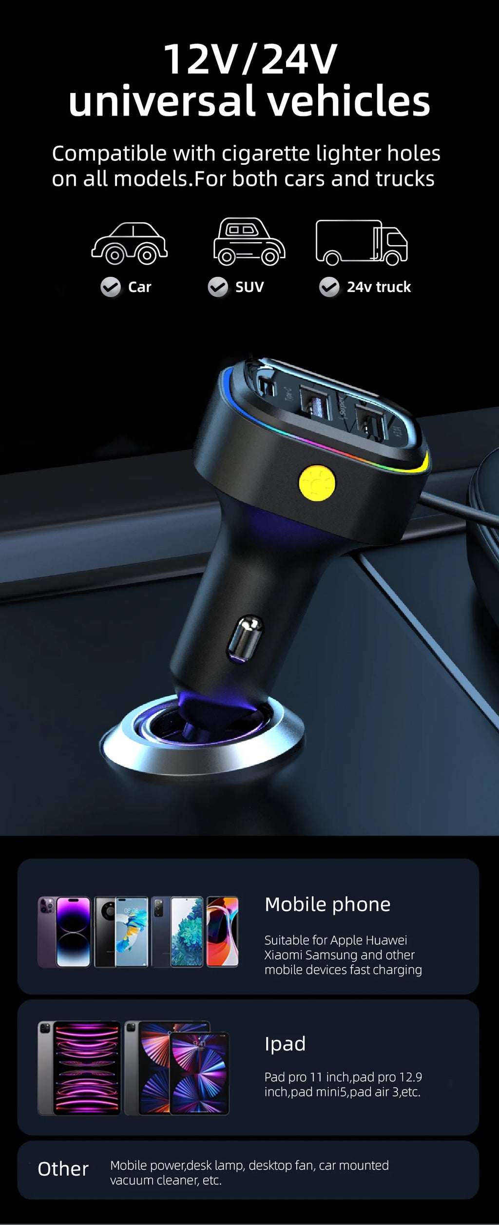 Cargador USB de 6 Puertos para Auto con Extensión para Asientos Traseros