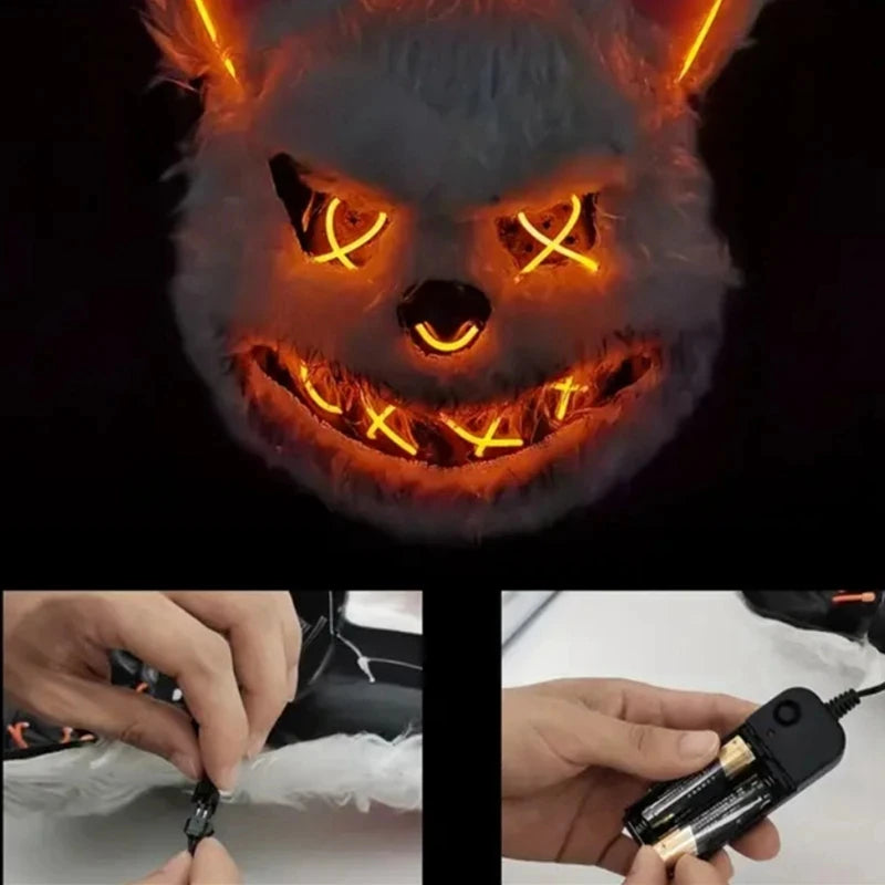Máscara LED Luminosa de Conejo Sangriento para Cosplay, Máscara de Cabeza de Oso Sangriento para Halloween, Disfraz de Terror para Carnaval y Mascarada