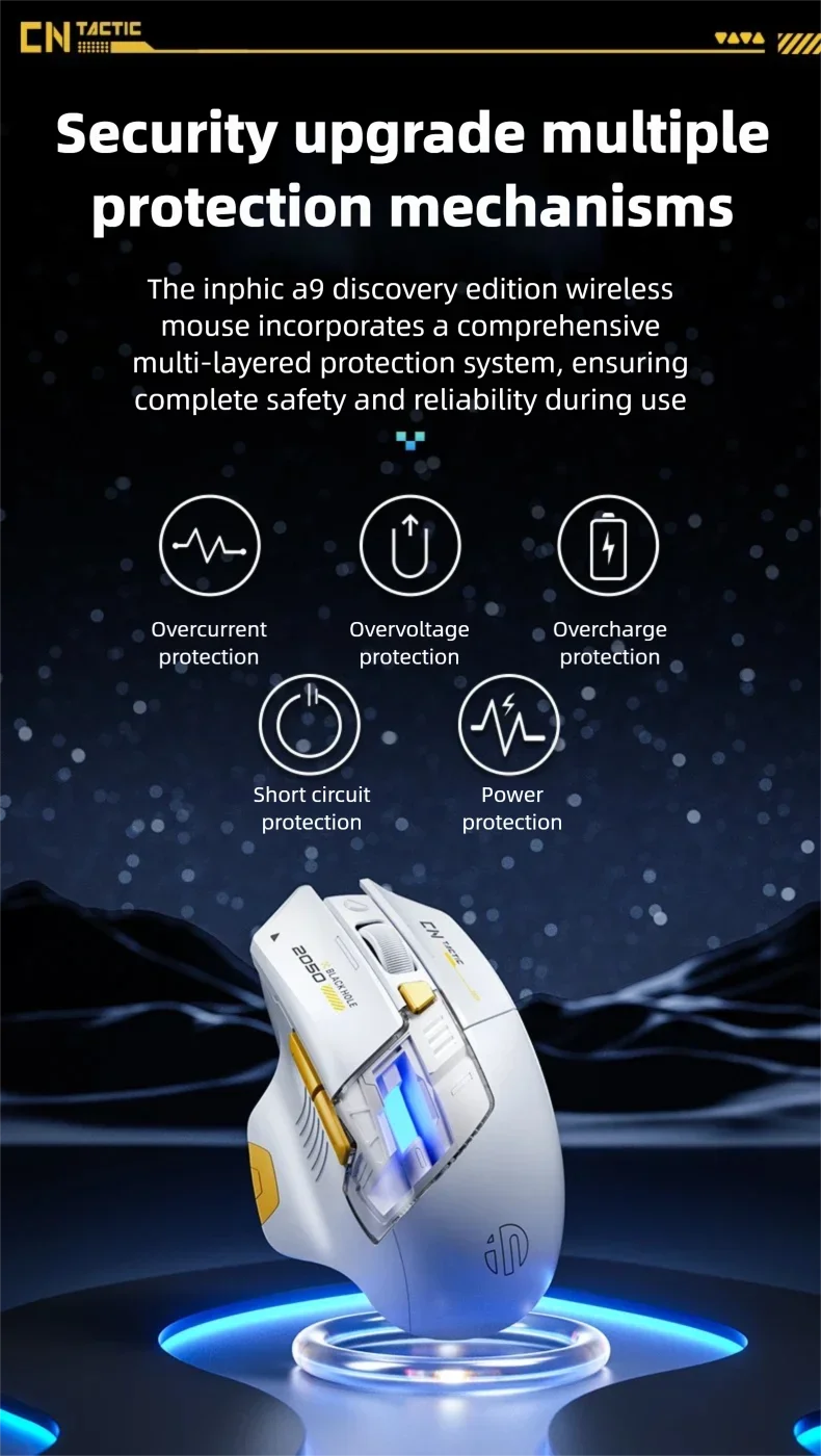 Ratón inalámbrico para juegos Inphic A9 Explorer V2 con indicador de nivel de batería de 500mA, ergonómico, Bluetooth, para oficina, PC y portátil.
