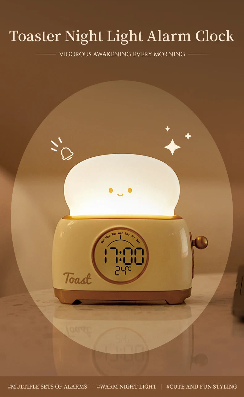 Reloj despertador con luz nocturna para tostadora, reloj despertador para niños, reloj luminoso para mesita de noche, lámpara de noche para dormitorio, decoración, regalo para niños