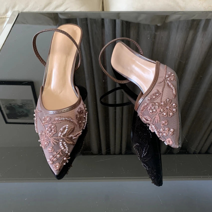Sandalias de Tacón Alto con Malla Bordada y Cuentas para Mujer