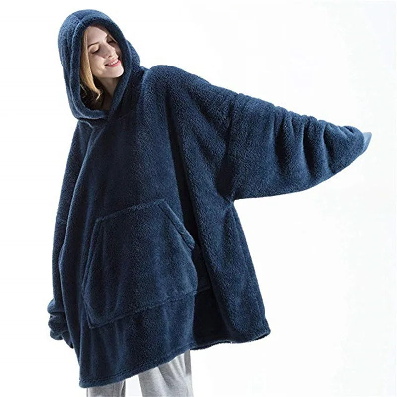 Sudadera con capucha de lana de doble cara para mujer y hombre, manta de gran tamaño con Bolsillo grande, sudaderas sueltas cálidas para pareja, bata de invierno 2024