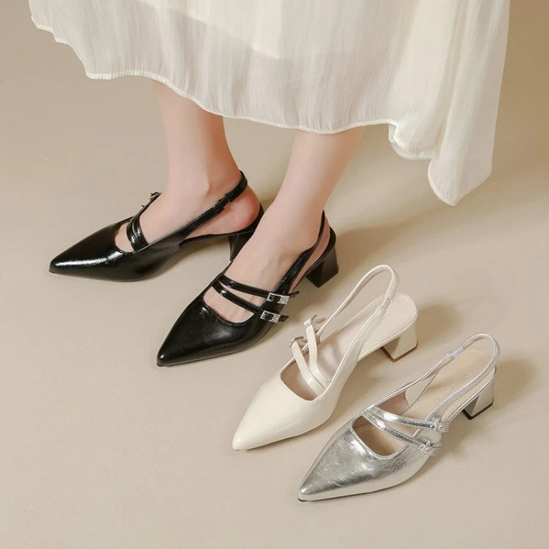 Zapatos de Tacón Ancho con Punta en Pico y Tira Trasera para Mujer, Estilo Francés Chic, Minimalistas, para Oficina, Vestir, Sandalias Casuales con Hebilla para Fiesta
