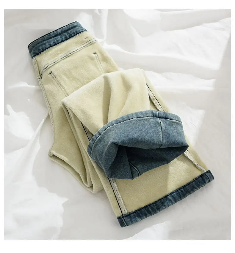 Pantalones Vaqueros Vintage con Forro Polar de Pierna Recta