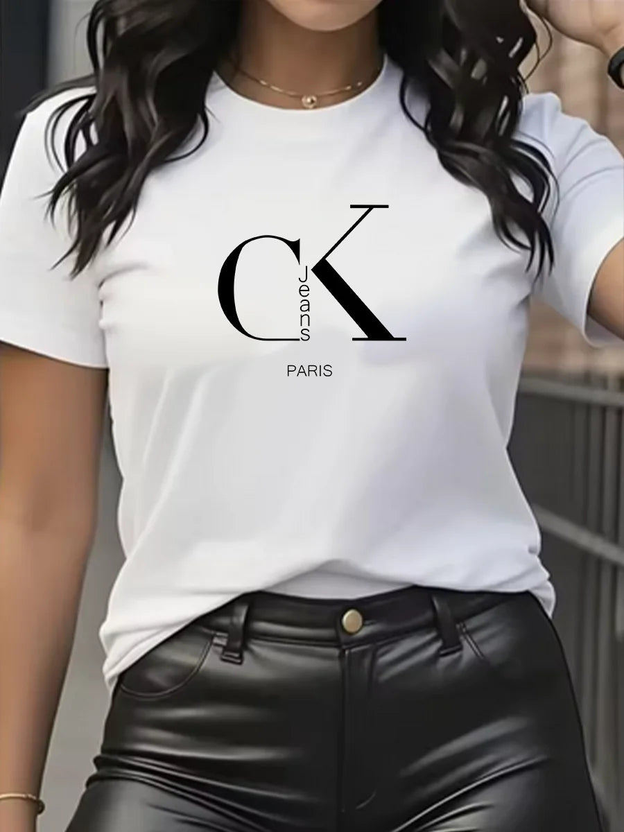 Camiseta con Estampado de Dibujos Animados y Letras Cuello Redondo