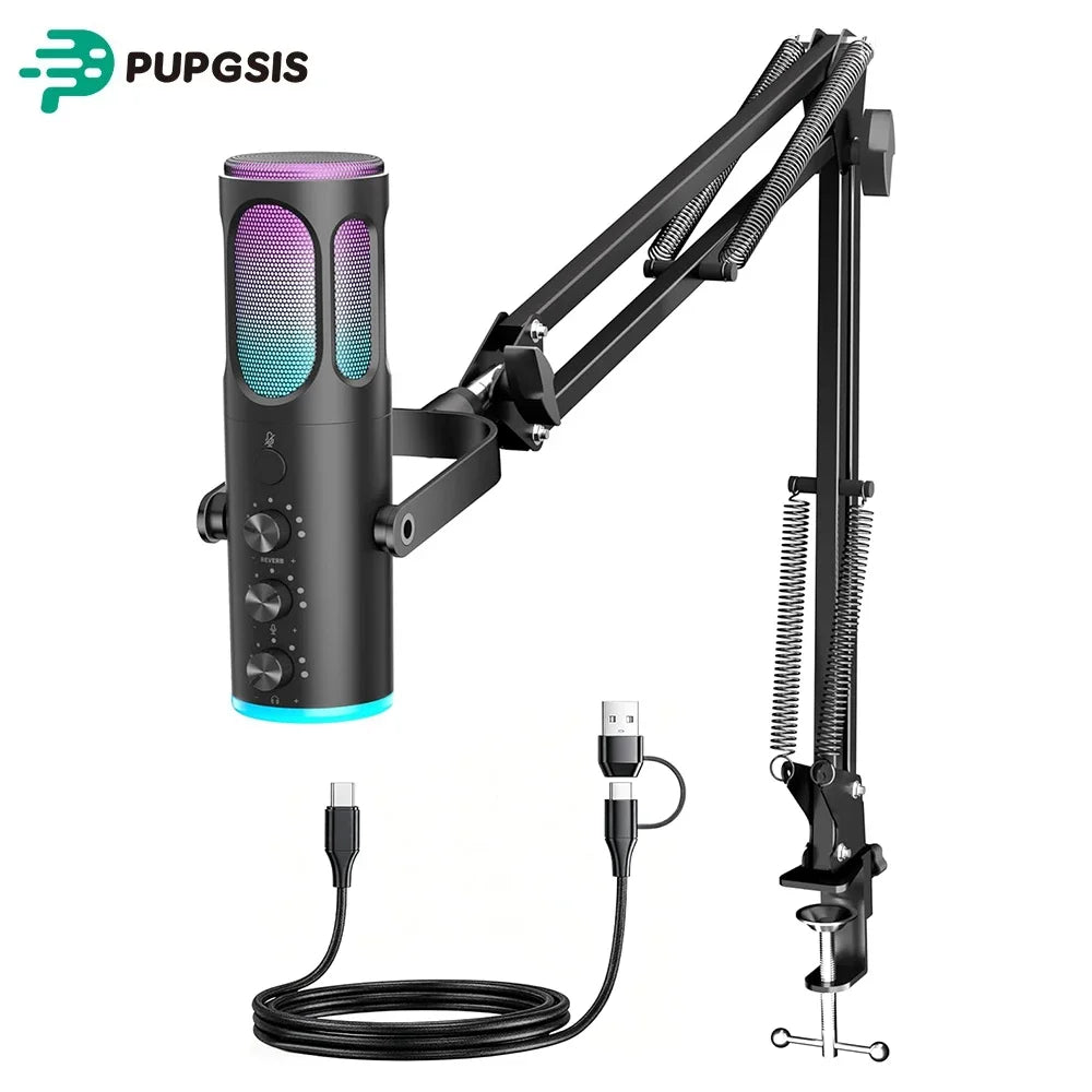 Micrófono USB para Juegos PUPGSIS, Micrófono de Condensador con Cancelación de Ruido, Silenciador, Ganancia, Luces RGB, Soporte de Brazo para Streaming, PC