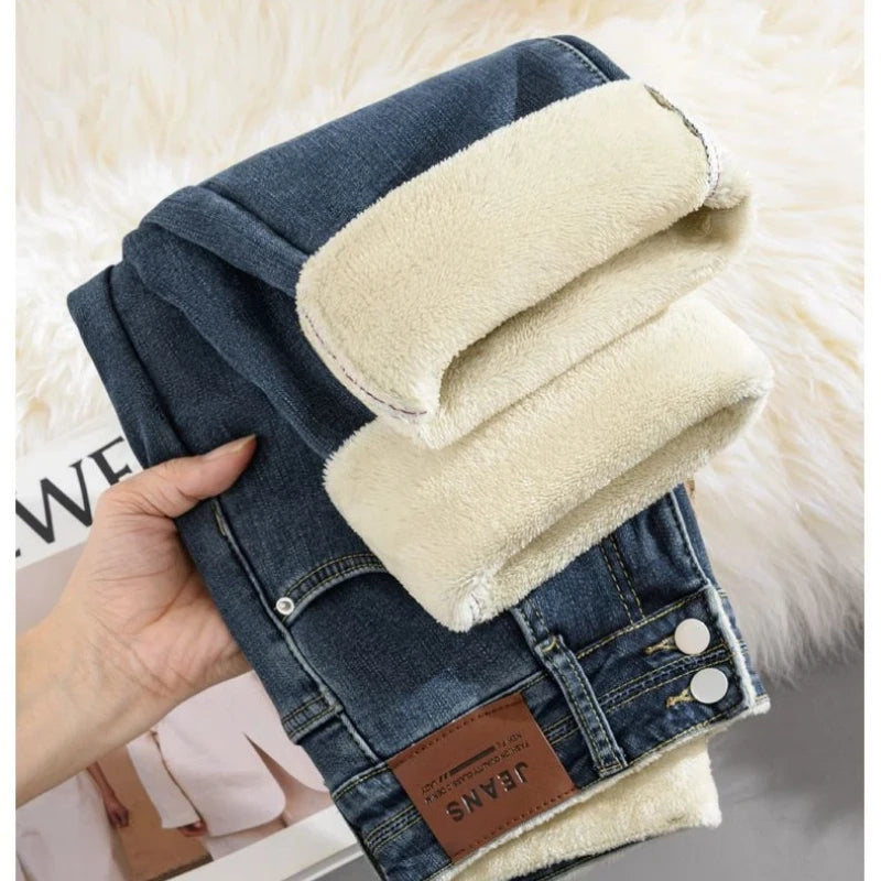 Pantalones Vaqueros Y2K de Pierna Recta con Forro de Lana