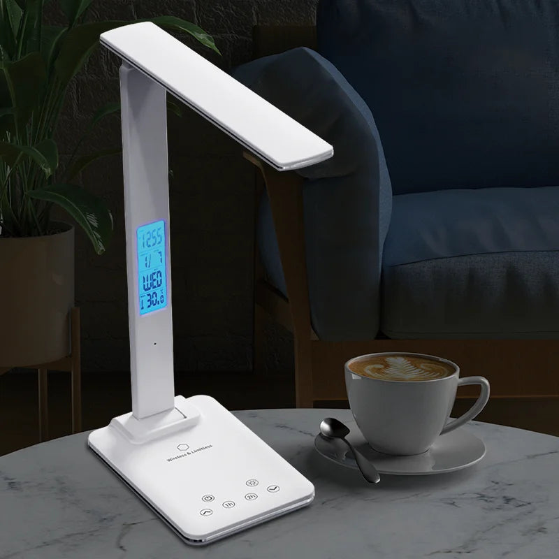 Lámpara de escritorio de lectura plegable, luz de escritorio enchufable USB, 15W, carga inalámbrica para teléfono móvil con tiempo, dormitorio, oficina, protección ocular