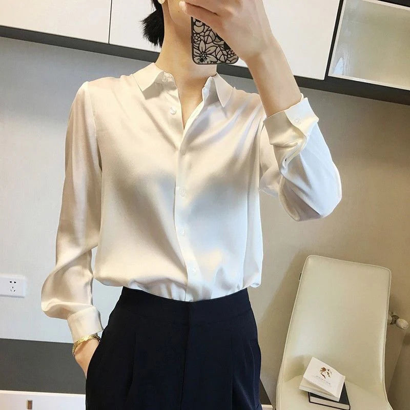 Camisa Satinada de Manga Larga para Mujer, Estilo Elegante