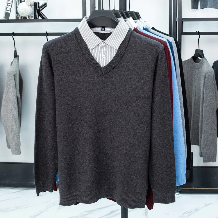 Suéter de punto con cuello de camisa para hombre, azul claro (6 colores), diseño falso de dos capas, estilo informal de negocios    Ajuste elástico y cómodo