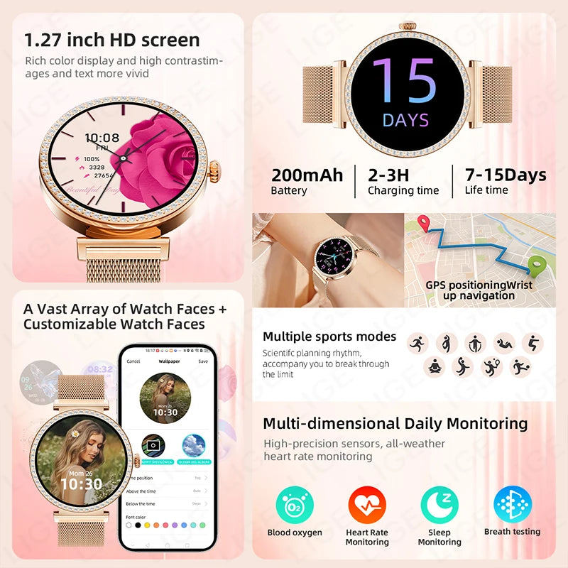 LIGE Reloj Inteligente Lujo con Diamantes GPS