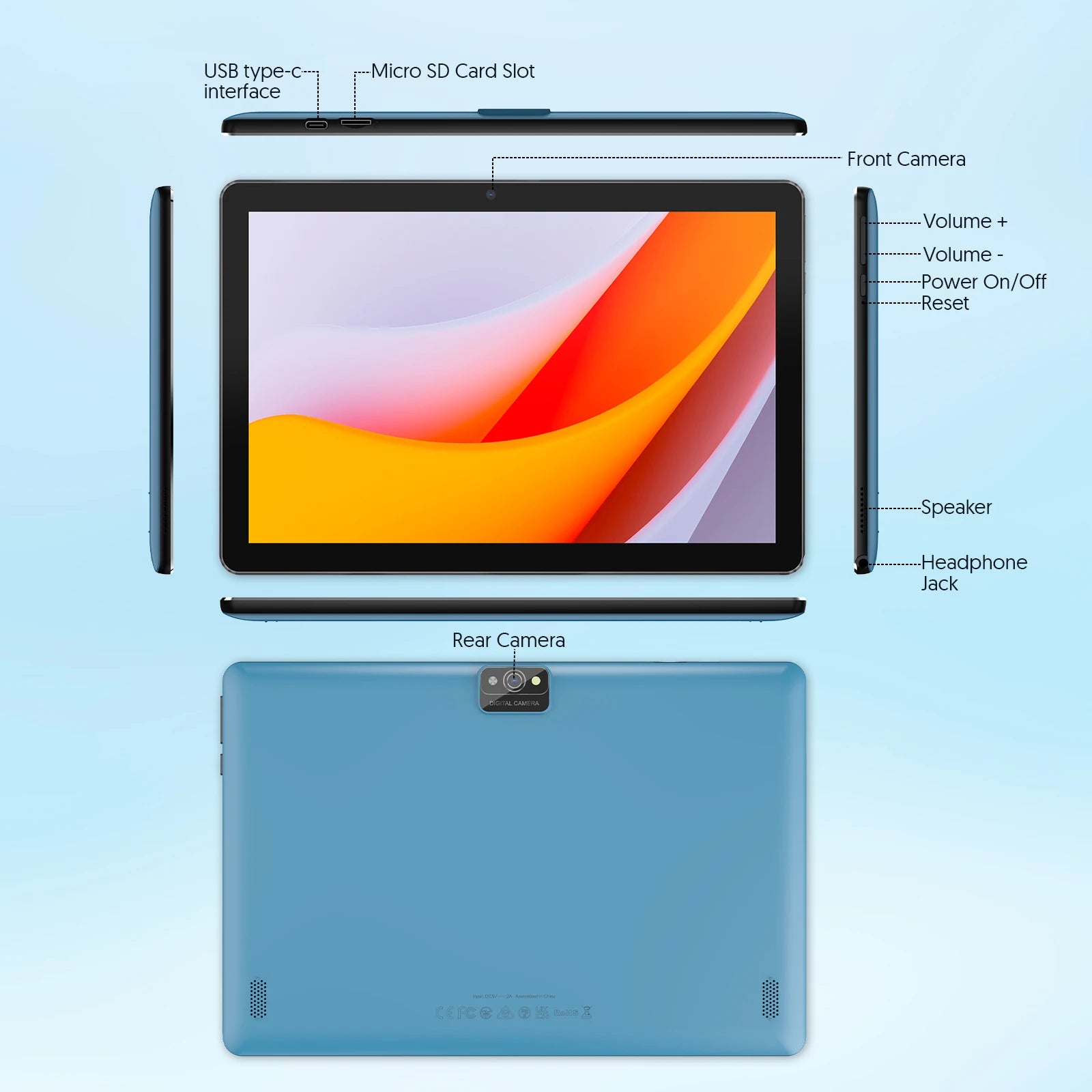 BAKEN Tableta de 10 pulgadas, Android 15, procesador de cuatro núcleos, 64 GB de RAM, memoria expandible de 1 TB, altavoces duales, juego de teclado y mouse