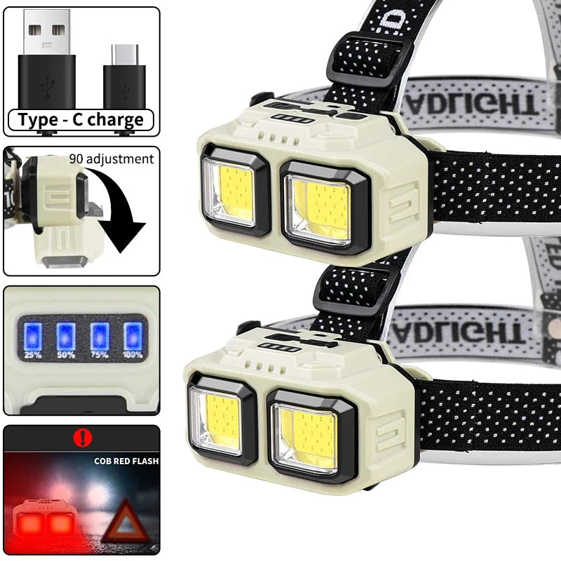Linterna Frontal LED COB Recargable USB para Camping y Pesca