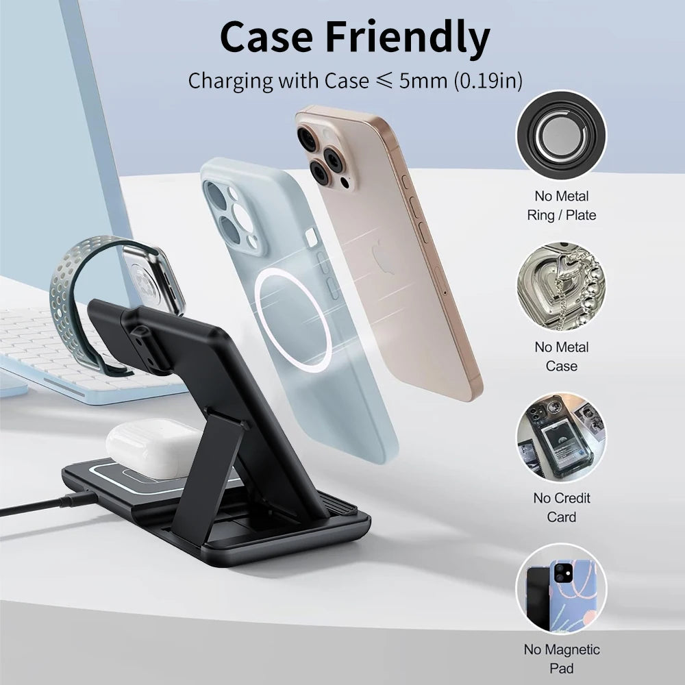 Luz LED nocturna 3 en 1, cargador inalámbrico, soporte plegable para iPhone, Samsung, Apple Watch 2-11 SE, Airpods Pro, estación de carga rápida