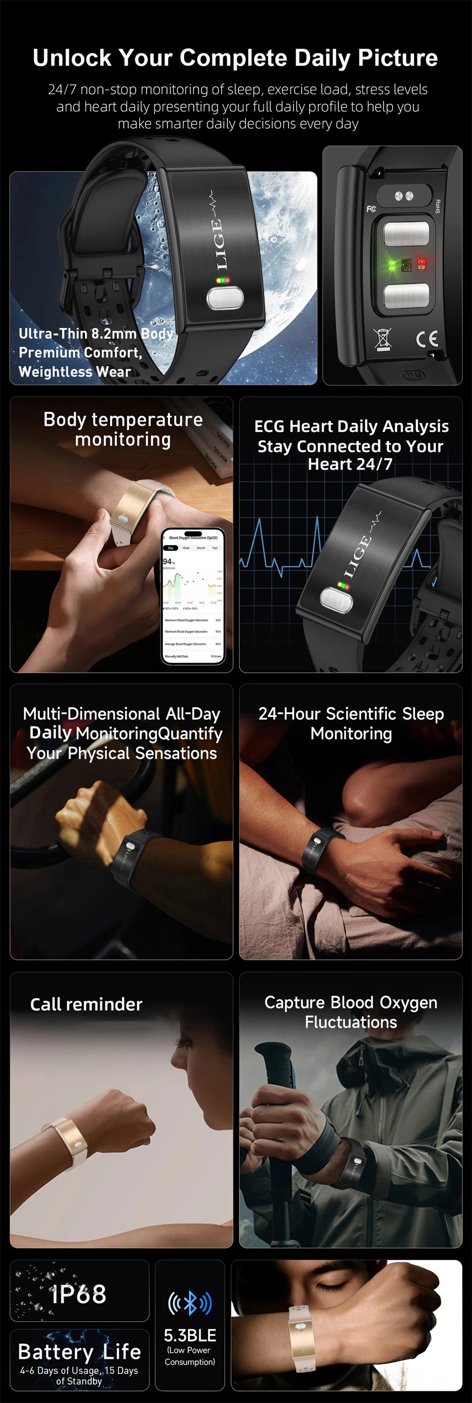 Reloj Inteligente LIGE Sin Pantalla con ECG y HRV