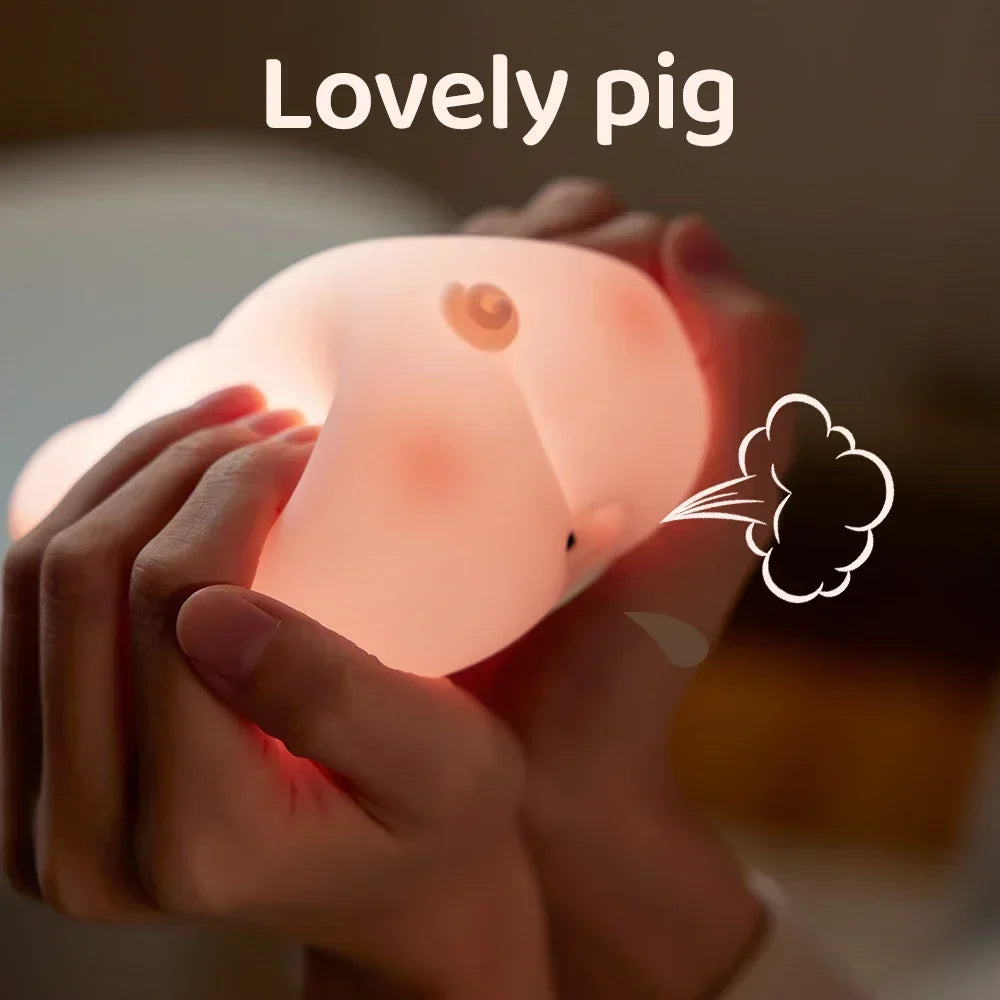Luz nocturna de cerdito rosa, bonita luz nocturna de silicona, lámpara LED Pat, decoración de habitación, carga USB, lámpara de ambiente interior, regalo para niños