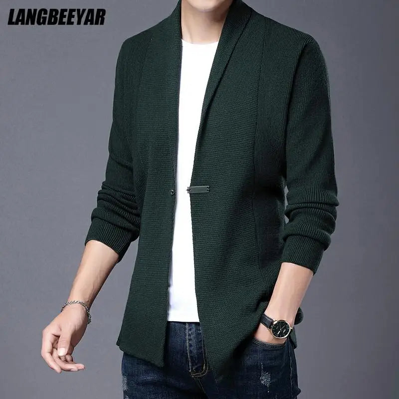 Cárdigan de punto ajustado de lana para hombre, ropa de calle de marca de alta calidad, suéter japonés, abrigos informales, chaqueta, ropa para hombre 2025