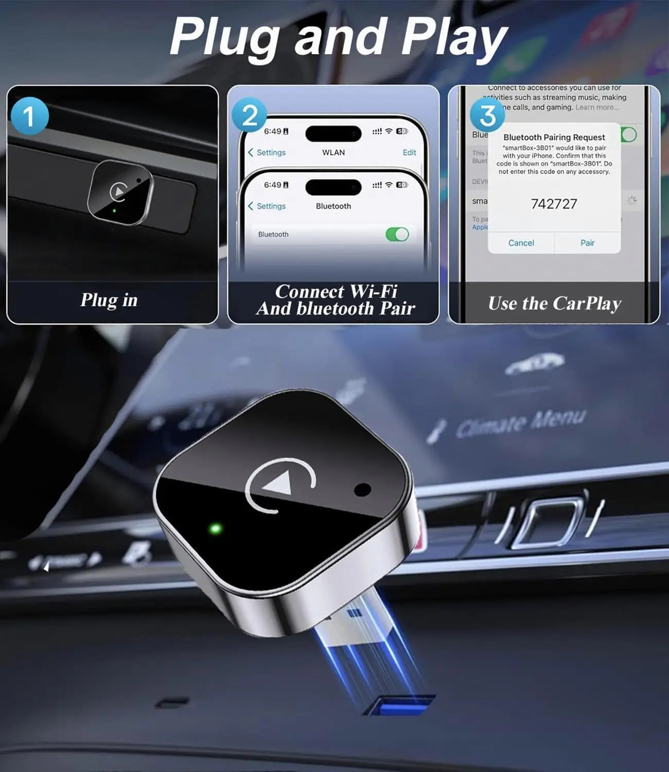 Dongle inalámbrico CarPlay y Android Auto, conexión automática rápida, Plug & Play compacto para iPhone/Android, USB/USB-C, sin retardo