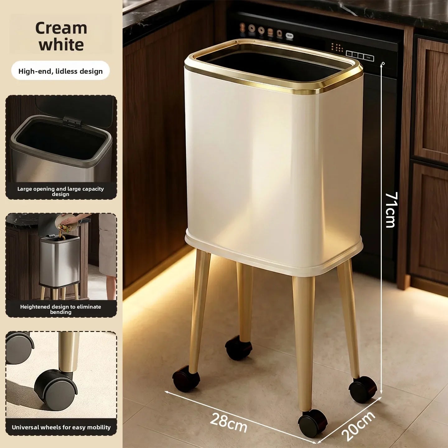 Cubo de basura rodante de acero inoxidable con tapa, 15 litros